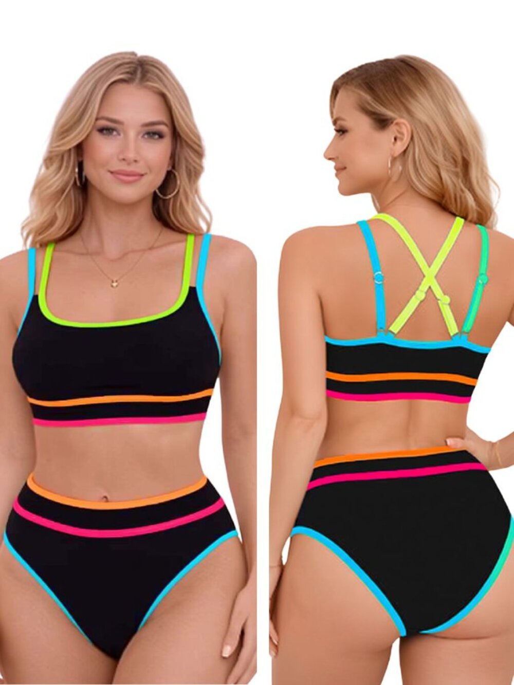 POPVIL Large Black With Neon Trim High Waisted Tummy Control Bikini NWT